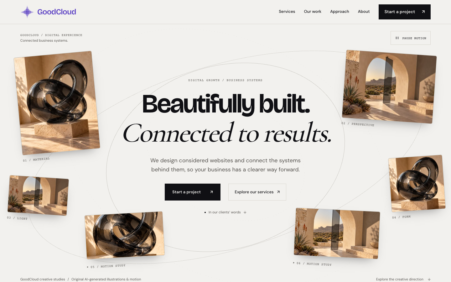 Actual desktop opening of GoodCloud’s beige-and-black homepage, showing Beautifully built. Connected to results. and the project action.